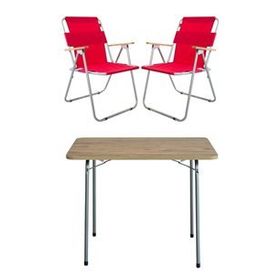 Bofigo Katlanır Çam Desenli 60x80 cm Masa + Katlanır Kırmızı 2 Adet Sandalye Kamp Seti