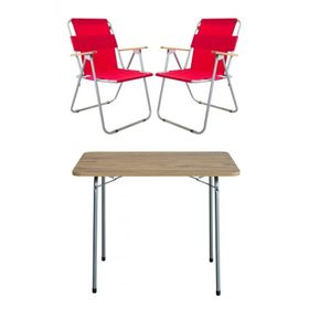 Bofigo Katlanır Çam Desenli 60x80 cm Masa + Katlanır Kırmızı 2 Adet Sandalye Kamp Seti