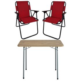 Bofigo Katlanır Çam Desenli 60x80 cm Masa + Katlanır Kırmızı 2 Adet Sandalye Kamp Seti