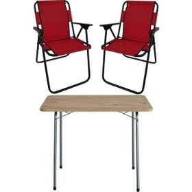 Bofigo Katlanır Çam Desenli 60x80 cm Masa + Katlanır Kırmızı 2 Adet Sandalye Kamp Seti