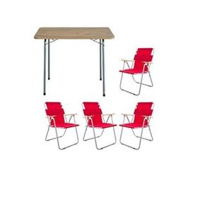 Bofigo Katlanır Çam Desenli 60x80 cm Masa + Katlanır Kırmızı 4 Adet Sandalye Kamp Seti