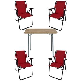 Bofigo Katlanır Çam Desenli 60x80 cm Masa + Katlanır Kırmızı 4 Adet Sandalye Kamp Seti
