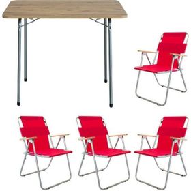 Bofigo Katlanır Çam Desenli 60x80 cm Masa + Katlanır Kırmızı 4 Adet Sandalye Kamp Seti