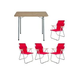 Bofigo Katlanır Çam Desenli 60x80 cm Masa + Katlanır Kırmızı 4 Adet Sandalye Kamp Seti