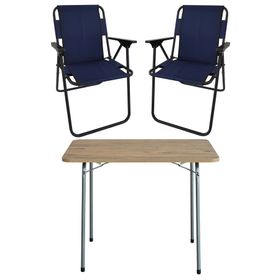 Bofigo Katlanır Çam Desenli 60x80 cm Masa + Katlanır Lacivert 2 Adet Sandalye Kamp Seti