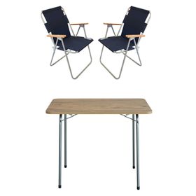 Bofigo Katlanır Çam Desenli 60x80 cm Masa + Katlanır Lacivert 2 Adet Sandalye Kamp Seti