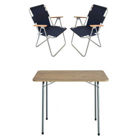 Bofigo Katlanır Çam Desenli 60x80 cm Masa + Katlanır Lacivert 2 Adet Sandalye Kamp Seti
