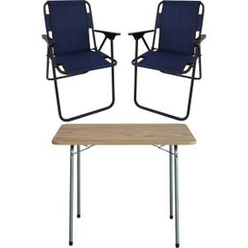 Bofigo Katlanır Çam Desenli 60x80 cm Masa + Katlanır Lacivert 2 Adet Sandalye Kamp Seti