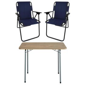 Bofigo Katlanır Çam Desenli 60x80 cm Masa + Katlanır Lacivert 2 Adet Sandalye Kamp Seti