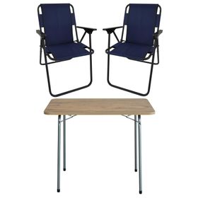 Bofigo Katlanır Çam Desenli 60x80 cm Masa + Katlanır Lacivert 2 Adet Sandalye Kamp Seti
