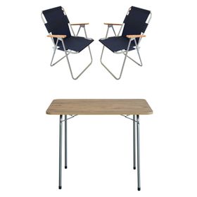 Bofigo Katlanır Çam Desenli 60x80 cm Masa + Katlanır Lacivert 2 Adet Sandalye Kamp Seti