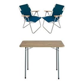 Bofigo Katlanır Çam Desenli 60x80 cm Masa + Katlanır Mavi 2 Adet Sandalye Kamp Seti