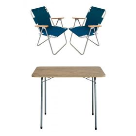 Bofigo Katlanır Çam Desenli 60x80 cm Masa + Katlanır Mavi 2 Adet Sandalye Kamp Seti