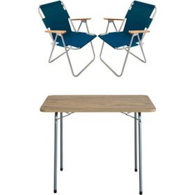 Bofigo Katlanır Çam Desenli 60x80 cm Masa + Katlanır Mavi 2 Adet Sandalye Kamp Seti