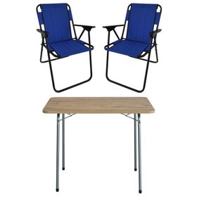 Bofigo Katlanır Çam Desenli 60x80 cm Masa + Katlanır Mavi 2 Adet Sandalye Kamp Seti