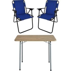 Bofigo Katlanır Çam Desenli 60x80 cm Masa + Katlanır Mavi 2 Adet Sandalye Kamp Seti