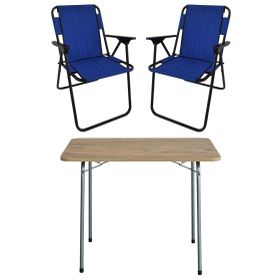 Bofigo Katlanır Çam Desenli 60x80 cm Masa + Katlanır Mavi 2 Adet Sandalye Kamp Seti