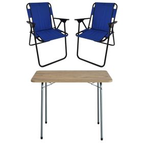 Bofigo Katlanır Çam Desenli 60x80 cm Masa + Katlanır Mavi 2 Adet Sandalye Kamp Seti