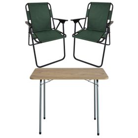 Bofigo Katlanır Çam Desenli 60x80 cm Masa + Katlanır Yeşil 2 Adet Sandalye Kamp Seti