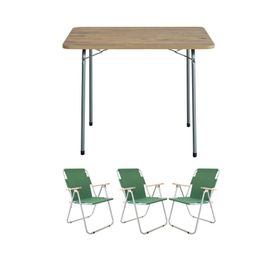 Bofigo Katlanır Çam Desenli 60x80 cm Masa + Katlanır Yeşil 3 Adet Sandalye Kamp Seti