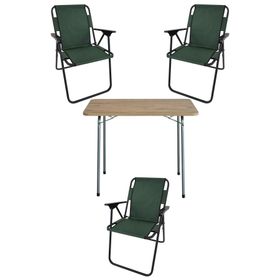 Bofigo Katlanır Çam Desenli 60x80 cm Masa + Katlanır Yeşil 3 Adet Sandalye Kamp Seti