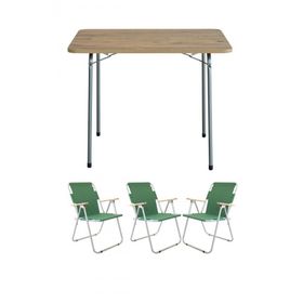 Bofigo Katlanır Çam Desenli 60x80 cm Masa + Katlanır Yeşil 3 Adet Sandalye Kamp Seti