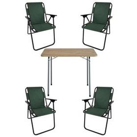 Bofigo Katlanır Çam Desenli 60x80 cm Masa + Katlanır Yeşil 4 Adet Sandalye Kamp Seti