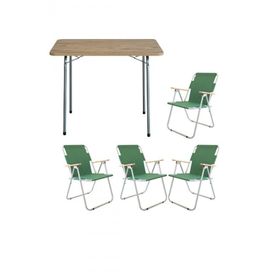 Bofigo Katlanır Çam Desenli 60x80 cm Masa + Katlanır Yeşil 4 Adet Sandalye Kamp Seti