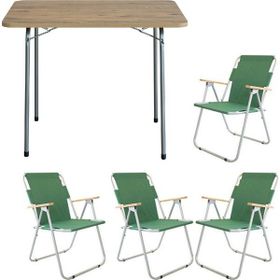 Bofigo Katlanır Çam Desenli 60x80 cm Masa + Katlanır Yeşil 4 Adet Sandalye Kamp Seti