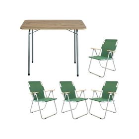 Bofigo Katlanır Çam Desenli 60x80 cm Masa + Katlanır Yeşil 4 Adet Sandalye Kamp Seti