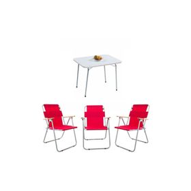 Bofigo Katlanır Granit Desenli 60x80 cm Masa + Katlanır Kırmızı 3 Adet Sandalye Kamp Seti