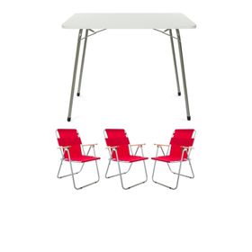 Bofigo Katlanır Granit Desenli 60x80 cm Masa + Katlanır Kırmızı 3 Adet Sandalye Kamp Seti