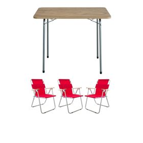 Bofigo Katlanır Granit Desenli 60x80 cm Masa + Katlanır Kırmızı 3 Adet Sandalye Kamp Seti