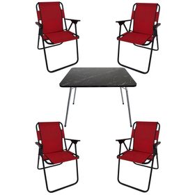 Bofigo Katlanır Granit Desenli 60x80 cm Masa + Katlanır Kırmızı 4 Adet Sandalye Kamp Seti