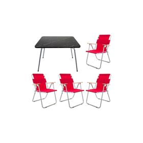 Bofigo Katlanır Granit Desenli 60x80 cm Masa + Katlanır Kırmızı 4 Adet Sandalye Kamp Seti