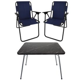 Bofigo Katlanır Granit Desenli 60x80 cm Masa + Katlanır Lacivert 2 Adet Sandalye Kamp Seti
