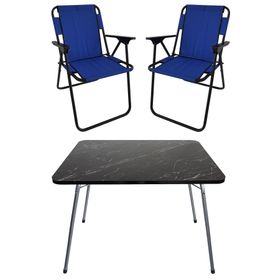 Bofigo Katlanır Granit Desenli 60x80 cm Masa + Katlanır Mavi 2 Adet Sandalye Kamp Seti