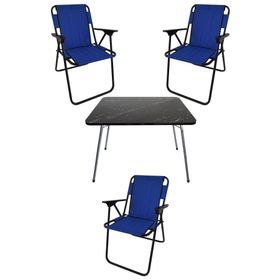 Bofigo Katlanır Granit Desenli 60x80 cm Masa + Katlanır Mavi 3 Adet Sandalye Kamp Seti