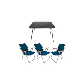 Bofigo Katlanır Granit Desenli 60x80 cm Masa + Katlanır Mavi 3 Adet Sandalye Kamp Seti
