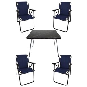 Bofigo Katlanır Granit Desenli 60x80 cm Masa + Katlanır Mavi 4 Adet Sandalye Kamp Seti