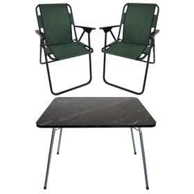 Bofigo Katlanır Granit Desenli 60x80 cm Masa + Katlanır Yeşil 2 Adet Sandalye Kamp Seti