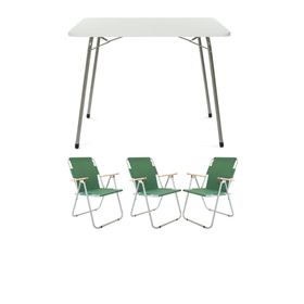 Bofigo Katlanır Granit Desenli 60x80 cm Masa + Katlanır Yeşil 3 Adet Sandalye Kamp Seti