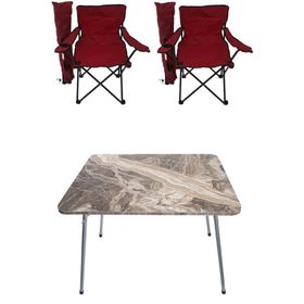 Bofigo Katlanır Mermer 60x80 cm Masa + Katlanır Kırmızı 2 Adet Sandalye Kamp Seti