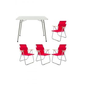 Bofigo Katlanır Mermer 60x80 cm Masa + Katlanır Kırmızı 4 Adet Sandalye Kamp Seti