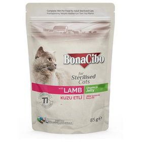 BonaCibo 12x85 gr Pouch Kuzu Etli Kısır Kedi Konservesi