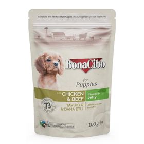 BonaCibo 85 gr Pouch Tavuklu Dana Etli Yavru Köpek Konservesi