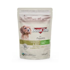 BonaCibo Jöleli Tavuklu Dana Etli Yaş Pouch 12x100 gr Yetişkin Yavru Köpek Maması