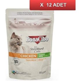 BonaCibo Soslu Tavuklu Pouch 12x85 gr Kısırlaştırılmış Yetişkin Kedi Yaş Maması