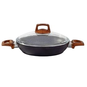 Bonera 22 cm Ahşap Desenli Bakalit Kulplu Cam Kapaklı Vogue Granit Omlet Tava