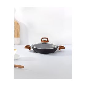 Bonera 22 cm Ahşap Desenli Bakalit Kulplu Cam Kapaklı Vogue Granit Omlet Tava